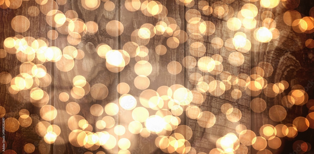 Naklejka premium Blurry golden bokeh light circles are glowing over vertical wood plank texture in flat design