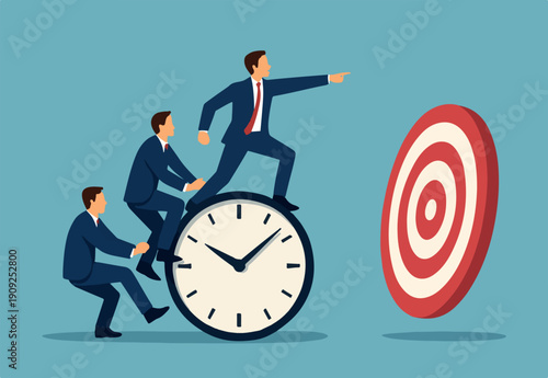  Time management, work schedule and deadline or productivity and efficiency work concept, businessmen riding rollingskillful man in the middle success manage to reach target.