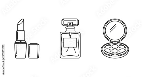 Cosmetics icons: lipstick, perfume bottle, makeup palette. Beauty and makeup line art.
