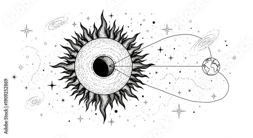 Black and white hand-drawn illustration of a solar eclipse with sun, moon, and Earth in a cosmic galaxy background