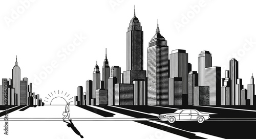 Sunrise cityscape illustration with a person walking towards the sun on a long road and a car driving through an urban metropolis skyline in black and white.
