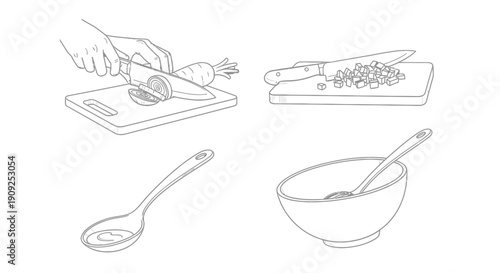 Culinary preparation: chopping vegetables, spoon with liquid, and bowl with spoon