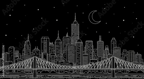 Modern City Skyline Line Art at Night with Bridge, Crescent Moon, and Stars. Urban Minimalist Vector Illustration