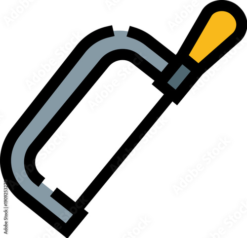 Hacksaw tool with a black blade, grey frame, and yellow handle, symbolizing repair, construction, diy projects, and craft activities, illustrating hardware equipment for various tasks