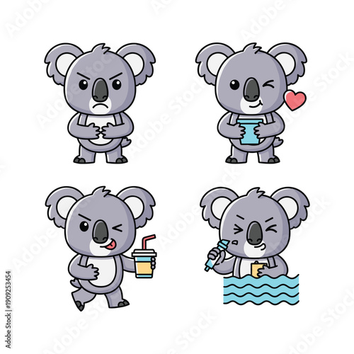 Cute cartoon koala characters enjoying daily activities with copy space