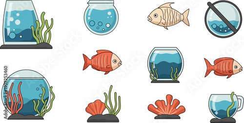 Collection of Fishbowls with Fish and Decorations.