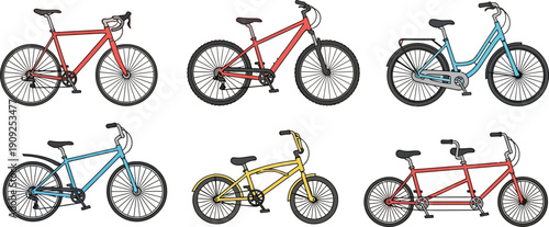 Collection of colorful bicycles in various designs.