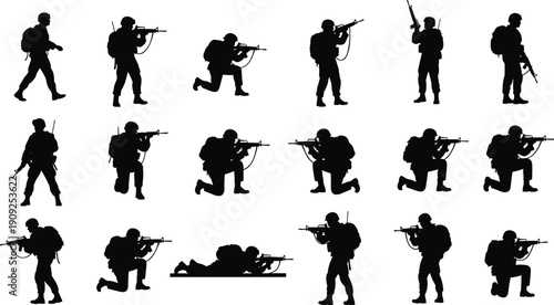 Soldier, Silhouettes, Military, Army, Combat, Rifle, Weapon, Tactical, War, Training, Action, Defense, Security, Patrol, Collection, Black, Isolated, Illustration, Set, Forces