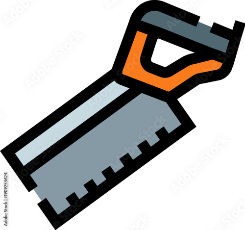 Hand saw featuring an orange handle and gray metal blade with sharp teeth, essential equipment for carpentry, building work, and various manual labor projects