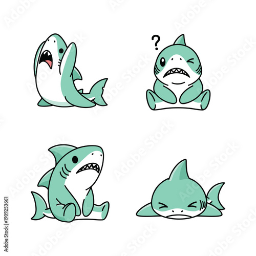 Cartoon sharks expressing different emotions with cute facial expressions