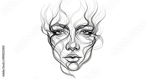Abstract line art sketch of a beautiful woman's face with flowing, ethereal lines, minimalist portrait illustration