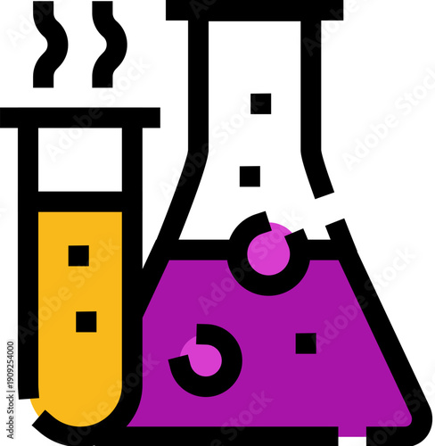 Science education and laboratory research concept icon, showing a test tube with yellow liquid emitting vapor and an erlenmeyer flask with boiling purple liquid and bubbles