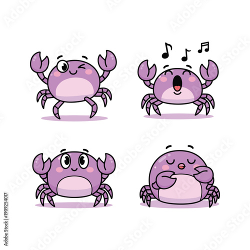 Cartoon crab set expressing different emotions on white background