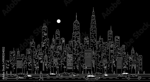Minimalist black and white city skyline at night, urban line art illustration with illuminated buildings, street, cars, and moon.