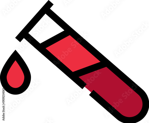 Test tube holding a red liquid with a dropping blood sample, symbolizing medical diagnostics, laboratory testing, healthcare research, and scientific experimentation for health