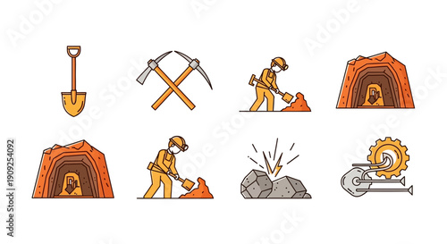 Flat lay illustration set of mining icons including workers, tools, and tunnels on white background.