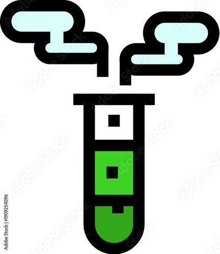 Test tube with a glowing green liquid generating smoke, depicting scientific research and laboratory experiments during a chemical reaction or discovery process