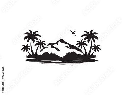 Tropical landscape with palm trees and silhouette vector. Palm trees and mountains vector silhouette