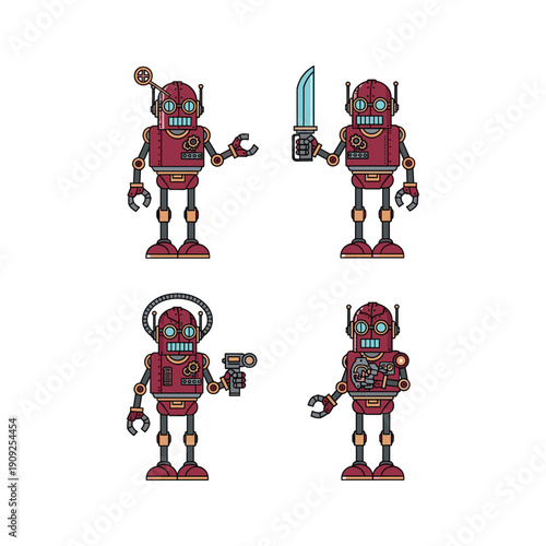 Red robots set with different tools in cartoon style