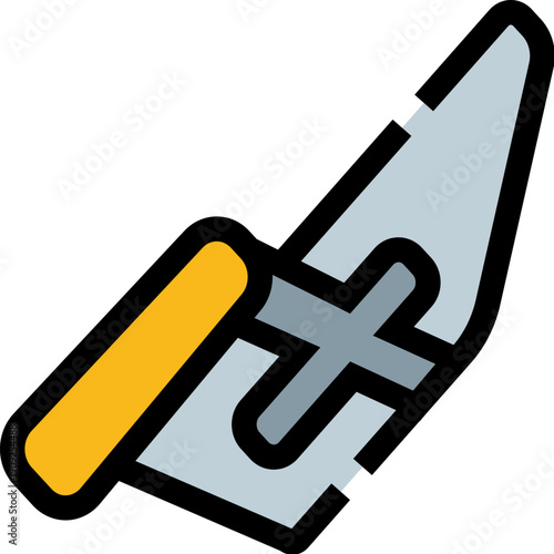 Trowel tool with an orange handle and gray blade, used for construction, plastering, cement, and bricklaying applications in various building projects