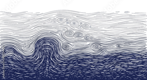 Abstract dynamic fluid wave pattern illustration with swirling lines, turbulent water current flow, and gradient effect.