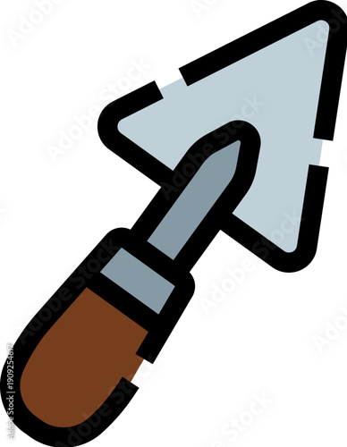 Trowel with brown handle and silver blade outlined in black, flat cartoon style icon representing masonry, construction and gardening work on white background, isolated