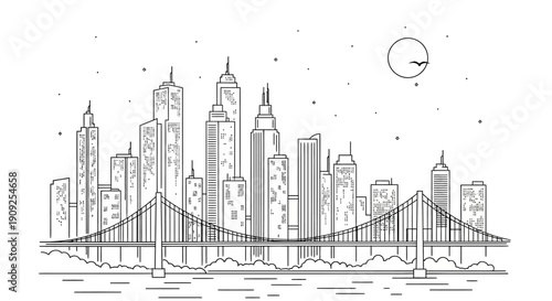 Minimalist Line Art City Skyline with Modern Skyscrapers and Suspension Bridge over Water at Night