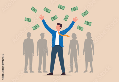  Success and wealthy fortune entrepreneur, investment profit and earning, FED stimulus monetary policy concept, happy businessman millionaire throw out pile of money banknotes flying into the air