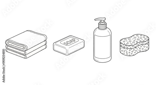Cleanliness Essentials: Towels, Soap, Lotion Dispenser, and Sponge