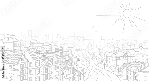 Detailed Urban Line Art Illustration of a Cityscape with Residential Homes, Buildings, Winding Roads, and Sun