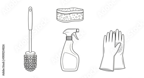 Cleaning Supplies Set: Toilet Brush, Spray Bottle, Sponge, Gloves - Outline Illustration