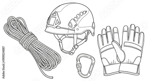 Climbing Gear: Helmet, Rope, Carabiner, Gloves - Safety Equipment Illustration