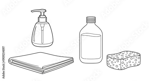Cleaning Supplies: Soap Dispenser, Bottle, Sponge, and Cloth - Essential Household Items