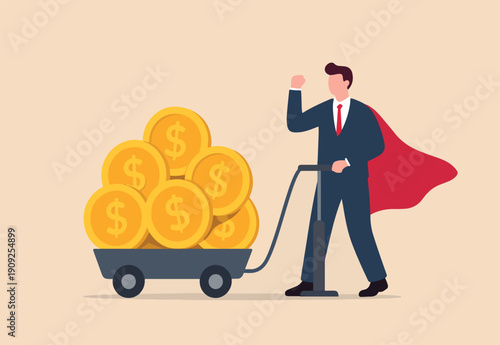 Success investor, rich man making money from business or investment, , budget, saving or profit concept, rich and successful businessman with load of money golden coin in cart.