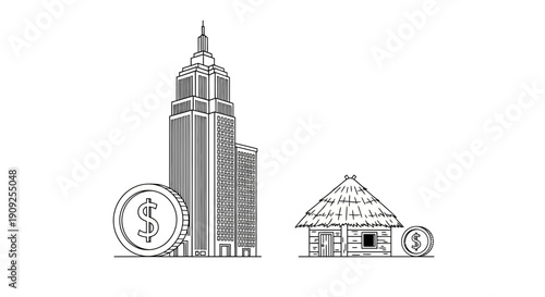 Contrast: Skyscraper vs Hut, Symbolizing Wealth Inequality and Economic Disparity