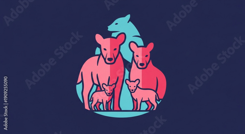 Family of wolves standing together in a circular formation on a dark blue background with pink and blue colors