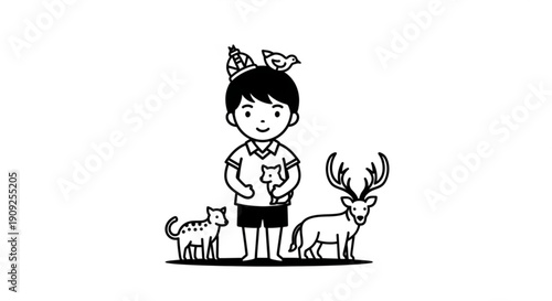 Child standing with cat deer and butterfly friends in a heartwarming scene of companionship and love