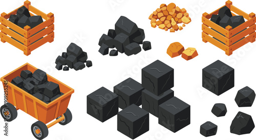 Coal mining materials set, black rock crates, mineral stones, industrial resources collection, mining industry concept, isometric vector illustration isolated