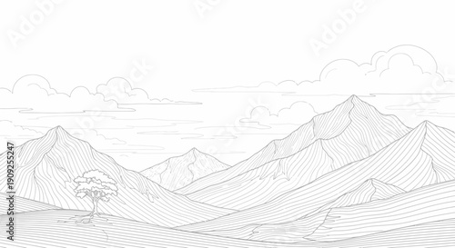 Minimalist line art illustration of a serene mountain landscape with rolling hills, a lone tree, and clouds. Vector outline.