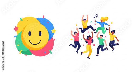 Vibrant smiley face with colorful confetti and joyful people dancing celebrating happiness