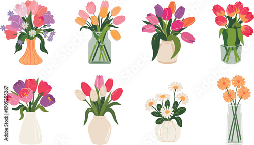 Colorful flower bouquet arrangements in vases illustration, spring floral decor collection isolated on white background flat vector design