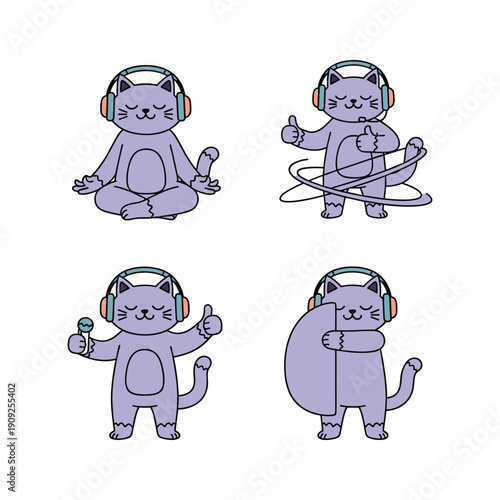 Cartoon cat meditating and listening to music with headphones in various poses