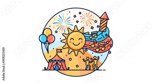 Smiling sun with balloons and fireworks at colorful funfair with dog and tent on sunny day