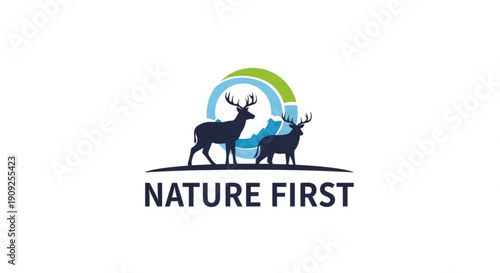 Deer silhouettes with nature first logo eco friendly symbol with blue and green arc