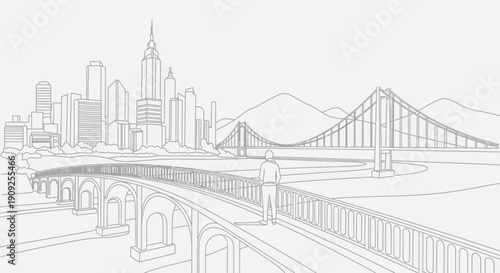 Detailed line art illustration of a modern cityscape with two prominent bridges and a lone figure contemplating the view.