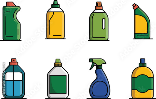 Household cleaning bottles illustration, detergent spray containers, plastic packaging set, colorful flat vector icons, home hygiene supplies collection, design, isolated