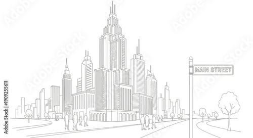 Modern Cityscape Line Art Illustration with Skyscrapers and Main Street. Minimalist Urban Outline Drawing, Architectural Vector Art.