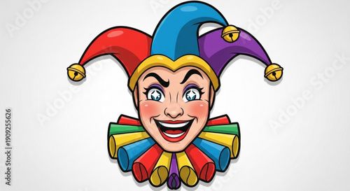 Jester head with colorful hat and ruffled collar smiling cheerfully on plain background
