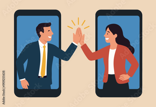 Virtual hi five for success collaboration, remote working or online greeting for business achievement, online video conference concept, happy businessman and businesswoman hi five from mobile phone.