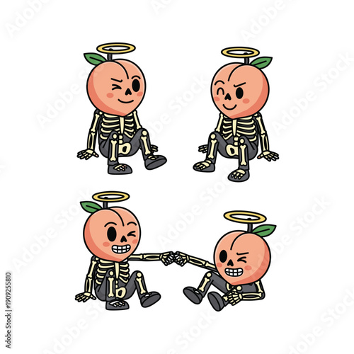 Cartoon peach characters with skeletons in conflict and tug of war
